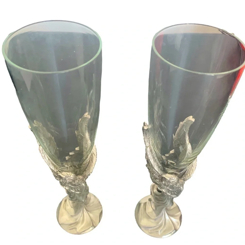 Vintage Seagull Canada Pewter Etain Zinn Handblown Glass Silver Champagne Flutes